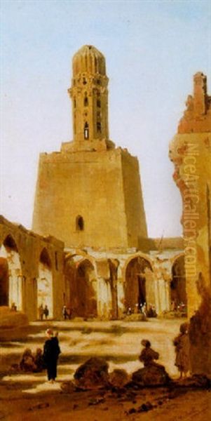 Figures In An Arabian Cloister With A Tower Beyond Oil Painting by Vincenzo Marinelli