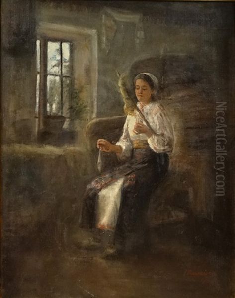 Woman Spinning Oil Painting by Ion Marinescu-Valsan