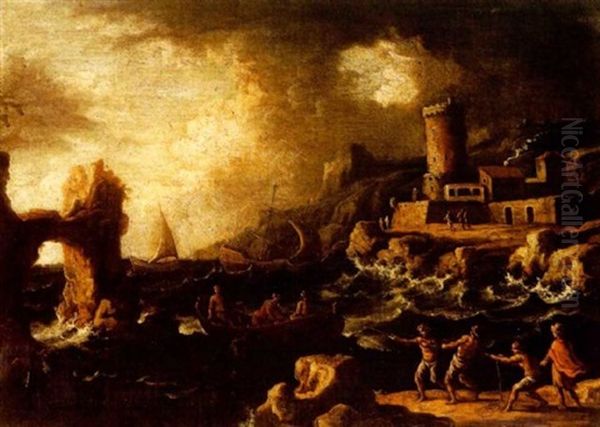 A Stormy Rocky Coastline With Fishermen Pulling In A Boat, A Tower Beyond Oil Painting by Antonio Marini