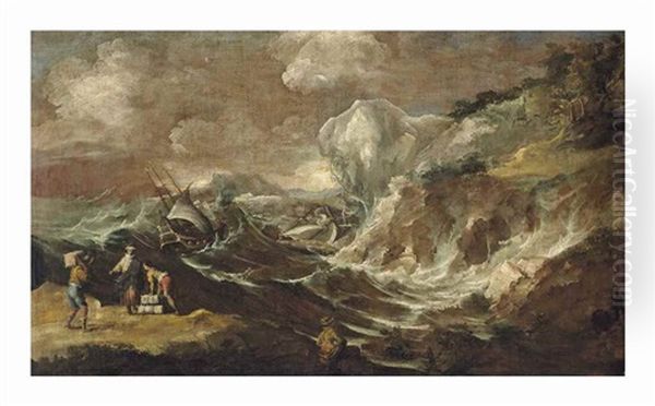 A Mediterranean Harbour With A Shipwreck In Stormy Waters Oil Painting by Antonio Maria Marini