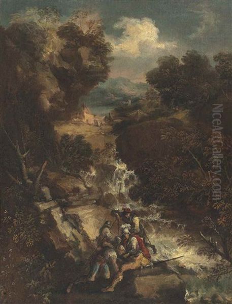 A Wooded River Landscape With Soldiers By A Stream Oil Painting by Antonio Maria Marini