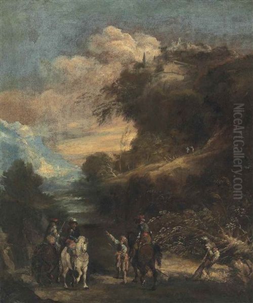 A River Landscape With A Cavalry Troop On A Path Oil Painting by Antonio Maria Marini