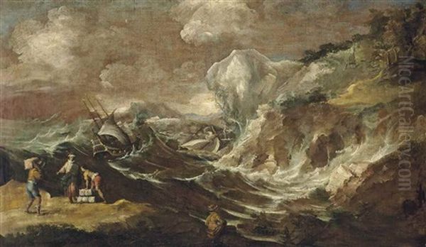 A Mediterranean Harbour With A Shipwreck In Stormy Waters Oil Painting by Antonio Maria Marini