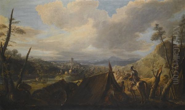 A Military Encampment Before A Battlefield Oil Painting by Antonio Maria Marini