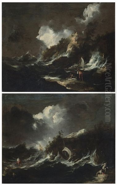 Tempesta In Mare Con Figure (pair) Oil Painting by Antonio Maria Marini