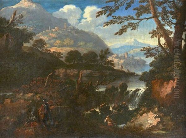 Paysage De Cascade Anime D'un Pecheur Et De Soldats Oil Painting by Antonio Maria Marini