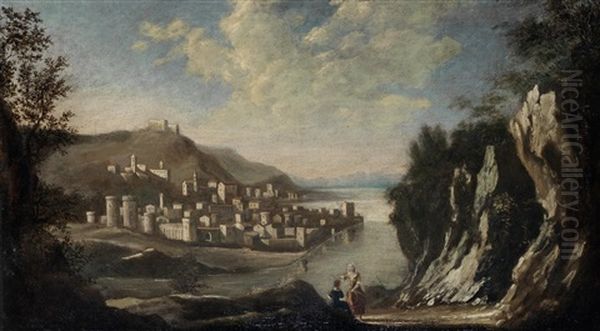 A Rocky Coastal Inlet With A Walled Town In The Distance by Antonio Maria Marini