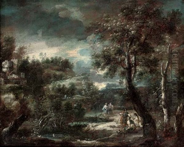 A Wooded River Landscape With Soldiers In Armour Resting Oil Painting by Antonio Maria Marini