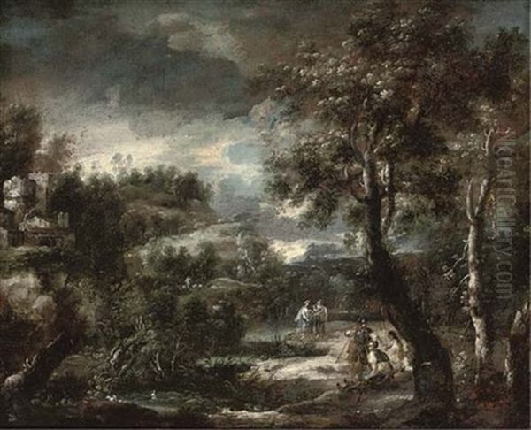 A Wooded River Landscape With Soldiers In Armour Resting Oil Painting by Antonio Maria Marini