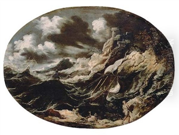 A Stormy Coastal Landscape Oil Painting by Antonio Maria Marini