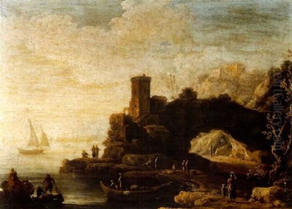 A Rocky Coastal Inlet With Fisherfolk, A Tower And An Arch Beyond Oil Painting by Antonio Maria Marini