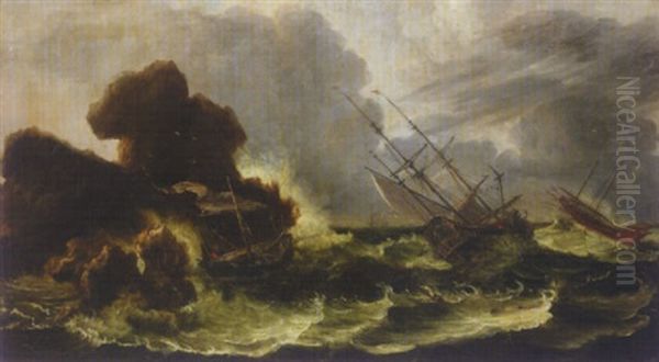 Shipping In A Storm Off The Coast Oil Painting by Antonio Maria Marini