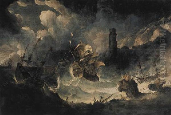 A Coastal Landscape With Ships In A Storm Oil Painting by Antonio Maria Marini