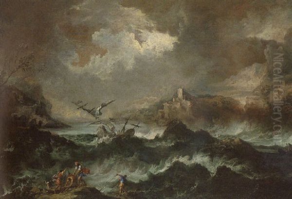 Stormy Seas With A Shipwreck And Fishermen Hauling In Their Nets Oil Painting by Antonio Maria Marini