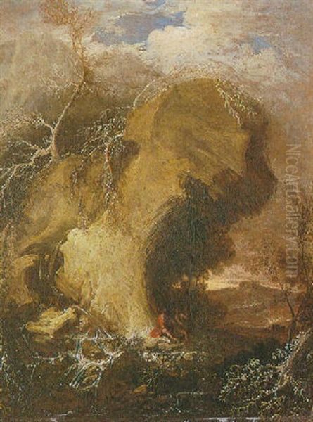 Paesaggio Alpestre Con Cascata E Figure Oil Painting by Antonio Maria Marini