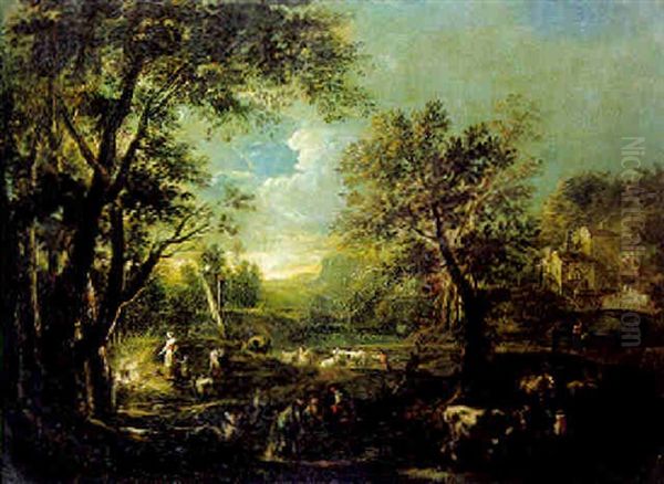 A River Landscape With Drovers And Cattle And An Encampment At Dawn Oil Painting by Antonio Maria Marini