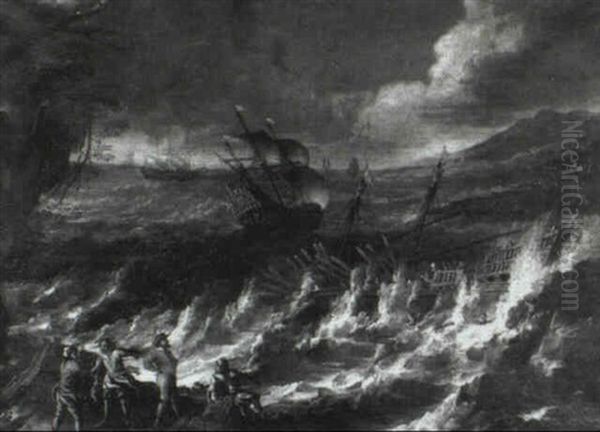 A Man Of War Foundering Off A Rocky Coastline With Other    Ships In Stormy Seas Beyond Oil Painting by Antonio Maria Marini