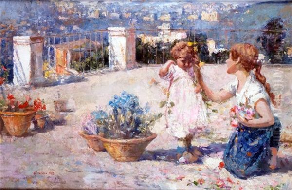 Mere Et Son Enfant Sur Une Terrasse Fleurie A Naples Oil Painting by Francesco di Marino