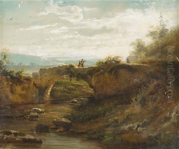 Paar Auf Steinbrucke In Landschaft Blickend Oil Painting by Ferdinand Joseph Bernard Marinus