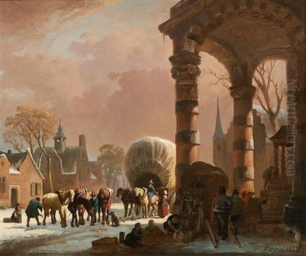 Chariot Traversant Le Village Oil Painting by Ferdinand Joseph Bernard Marinus