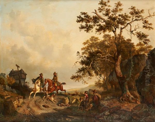 Chasseurs Sur La Route De Namur Oil Painting by Ferdinand Joseph Bernard Marinus