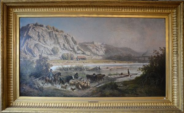 Bord De Meuse Avec Animaux Oil Painting by Ferdinand Joseph Bernard Marinus