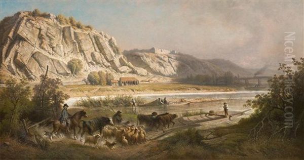 Troupeau Traversant La Riviere Oil Painting by Ferdinand Joseph Bernard Marinus