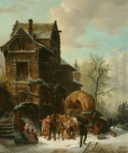 Vue De Ville Hivernale Avec Scene De Demenagement Oil Painting by Ferdinand Joseph Bernard Marinus