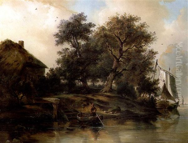 Paysage Fluvial Avec Personnage Dans Une Barque Amarree Oil Painting by Ferdinand Joseph Bernard Marinus