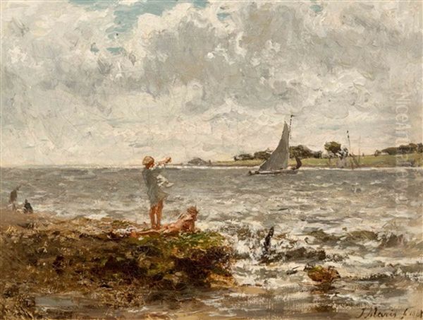 Bathing Children At A River Oil Painting by Jacob Henricus Maris