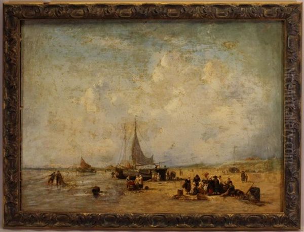 Painting Of Figures On A Beach With A Sailing Vessel Oil Painting by Jacob Henricus Maris