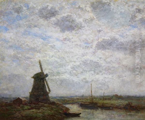 Windmill On The Marshes Oil Painting by Jacob Henricus Maris