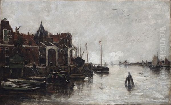 A View Of The Buitenkant With The Schreierstoren In Amsterdam Oil Painting by Jacob Henricus Maris