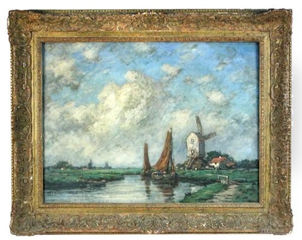 Sailing Ships On A River By A Windmill Oil Painting by Jacob Henricus Maris