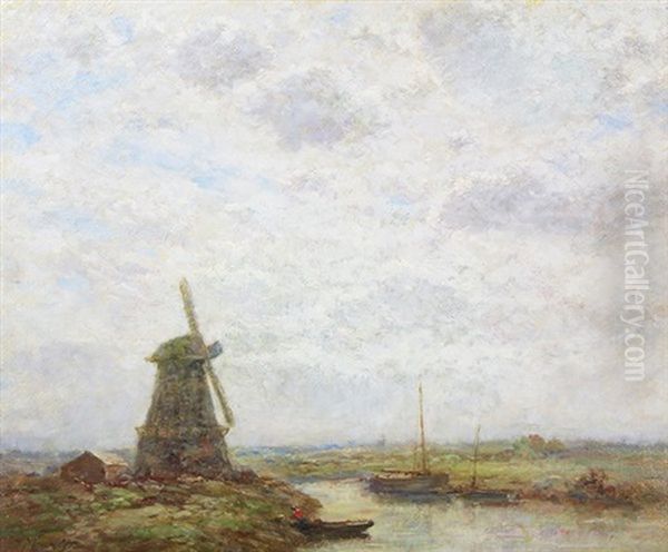 Windmill On The Marshes Oil Painting by Jacob Henricus Maris