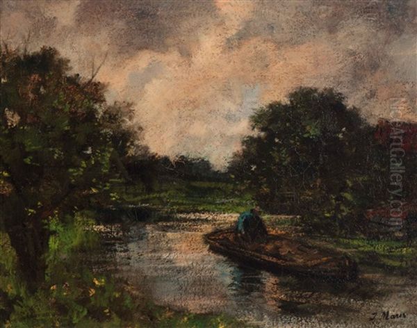 River Scene With Barge Oil Painting by Jacob Henricus Maris