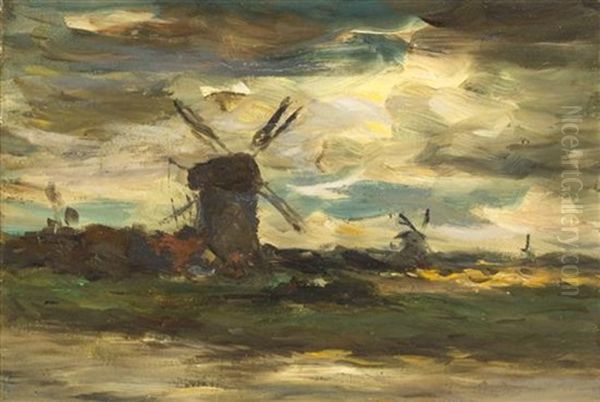 Windmills At Moonlight Oil Painting by Jacob Henricus Maris