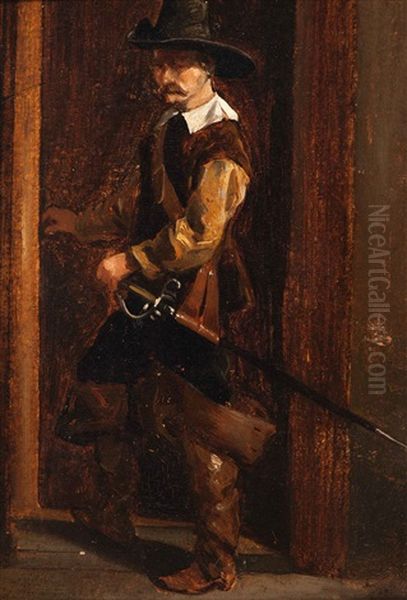 Man In 17th Century Costume By A Chair (+ Another; 2 Works) Oil Painting by Jacob Henricus Maris