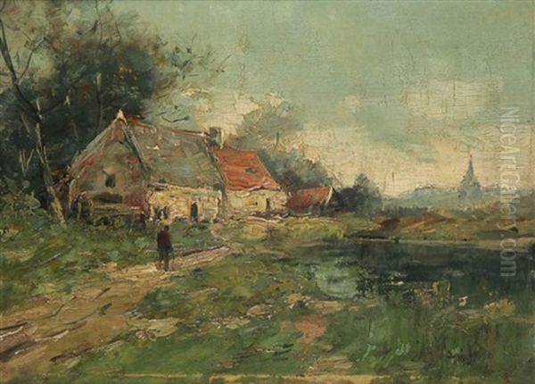 Paysage Aquatique En Hollande Anime D'un Paysan Pres De La Ferme Oil Painting by Jacob Henricus Maris