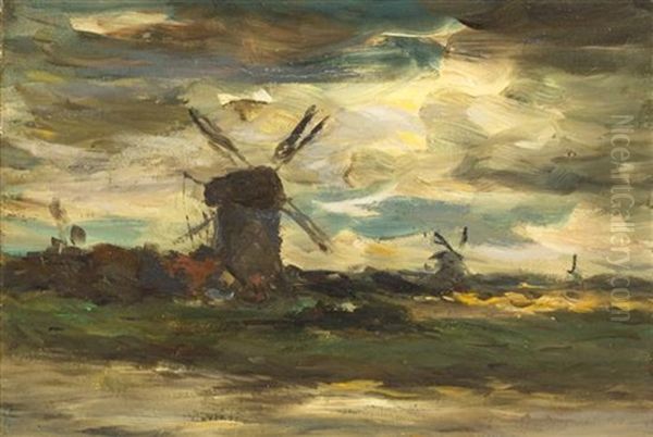 Windmills At Moonlight Oil Painting by Jacob Henricus Maris