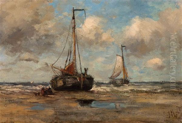 Moored Barge On The Beach Oil Painting by Jacob Henricus Maris