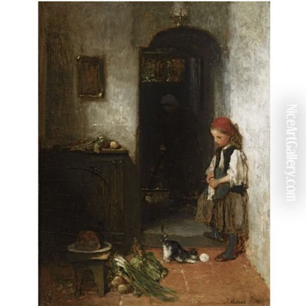 A Girl With A Playing Kitten Oil Painting by Jacob Henricus Maris