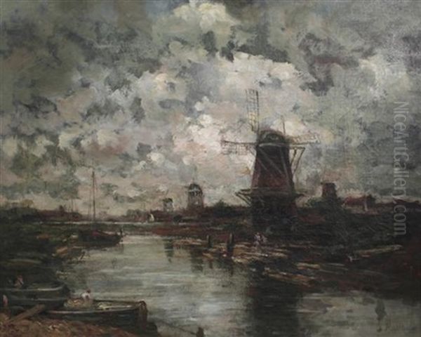 Windmills Along A Canal Oil Painting by Jacob Henricus Maris