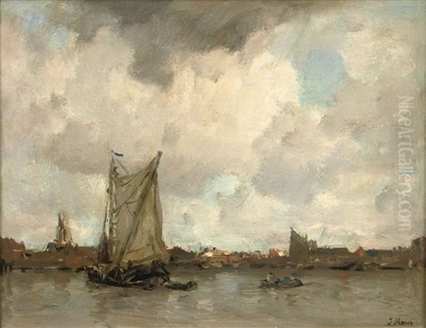 Havengezicht (a River Landscape, A Town Beyond) Oil Painting by Jacob Henricus Maris