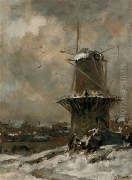 Korenmolen In Besneeuwd Landschap Bij Avond - A Windmill In The Snow Oil Painting by Jacob Henricus Maris