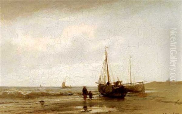 Woman And Child On A Beach With Fishing Boats Oil Painting by Jacob Henricus Maris