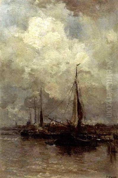 Moored Sailing Boats Oil Painting by Jacob Henricus Maris