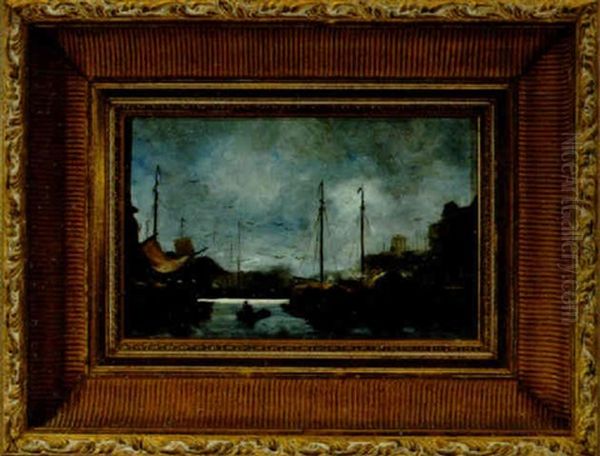 Harbor Scene With Ships And Lone Rower by Jacob Henricus Maris