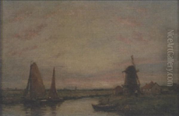 Sunset Over A Polder Oil Painting by Jacob Henricus Maris