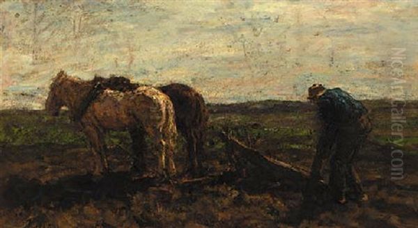 A Farmer Ploughing Oil Painting by Jacob Henricus Maris